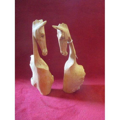 68 - BEAUTIFUL PAIR OF CARVED WOODEN HORSES, FROM A TREE ROOT? 1 HAS A BROKEN EAR.