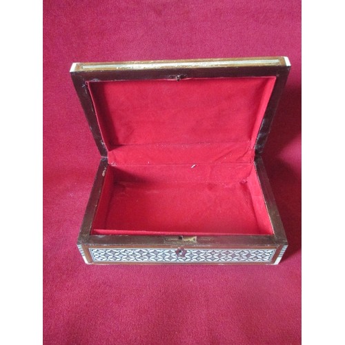 80 - BEAUTIFUL MOTHER OF PEARL INLAID BOX. RED VELVET LINING. 26CM L.