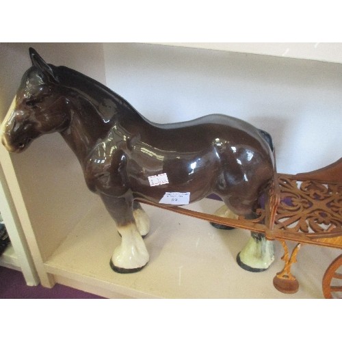 89 - LARGE CERAMIC SHIRE/HEAVY HORSE WITH FRETWORK CARRIAGE/WAGON.