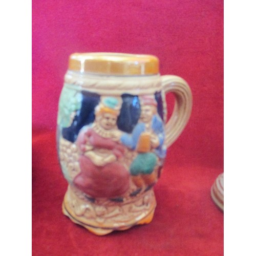 91 - MIXED CERAMIC LOT, INCLUDES STUDIO POTTERY GOBLET, EROTIC TANKARD, SMALL GERMAN STYLE TANKARD, CARNI... 