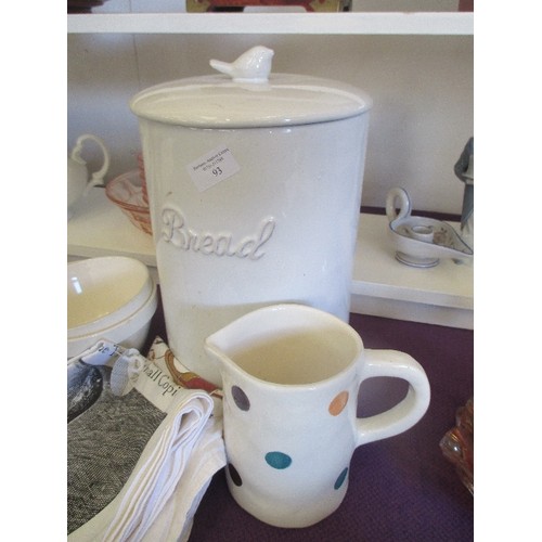 93 - LARGE CERAMIC BREAD CROCK WITH TINY BIRD HANDLE ON TOP. ALSO 2 SMALL MASON CASH MIXING BOWLS, A DOTT... 