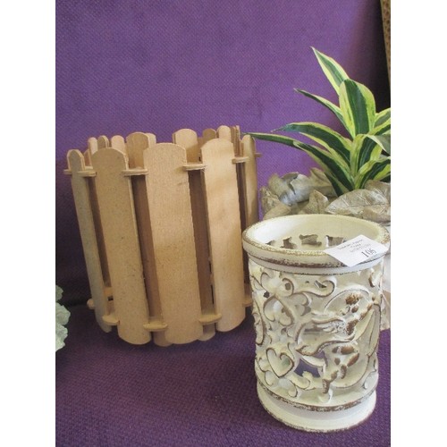 106 - 3 DECORATIVE PLANTERS AND A FAUX PLANT.