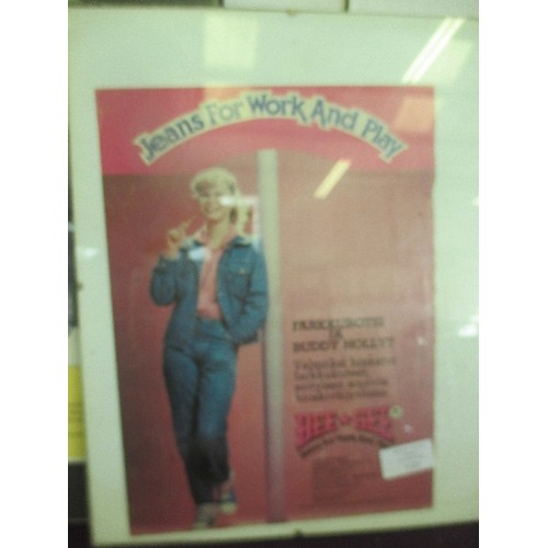 110 - 2 RETRO ADVERTISEMENT POSTERS FOR 'BEE-GEE JEANS FOR WORK AND PLAY'IN CLIP FRAMES, ALSO 'ARIFDSHAN' ... 