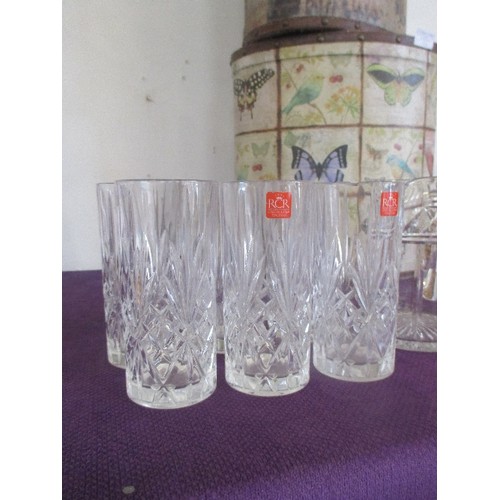 112 - HEAVY CRYSTAL WATER JUG AND SET OF HI-BALL TUMBLERS.