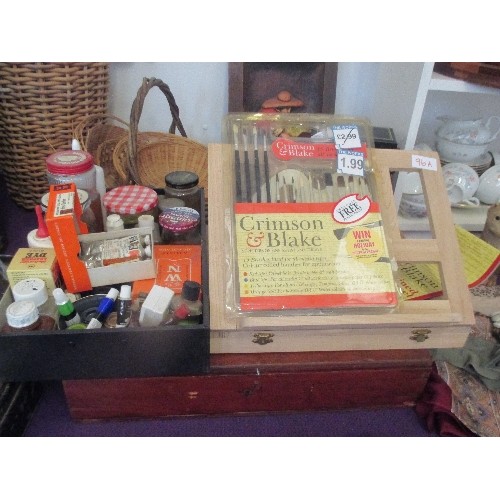 96A - ARTISTS LOT. INCLUDES A CRIMSON & BLAKE COMBINED DESK EASEL. NEW BRUSH SET, QUANTITY OF PAINTS/ ACRY... 