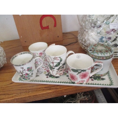 120 - PORTMEIRION TRAY WITH 4 'BOTANICAL' MUGS & SMALL VINTAGE TEA CADDY.