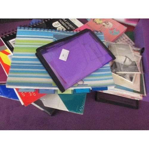 140 - LARGE STATIONARY LOT. MAINLY NEW/PACKAGED. INCLUDES BOX FILES, PLASTIC WALLETS, PADS AND MORE..