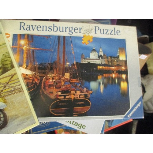 142 - STACK OF JIGSAW PUZZLES. 1000 AND 500 PIECE. GOOD CLEAN CONDITION.