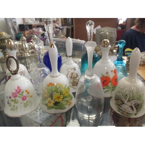 197 - DECORATIVE CERAMIC BELL COLLECTION X 6, ALSO 5 GLASS BELLS.