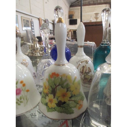 197 - DECORATIVE CERAMIC BELL COLLECTION X 6, ALSO 5 GLASS BELLS.