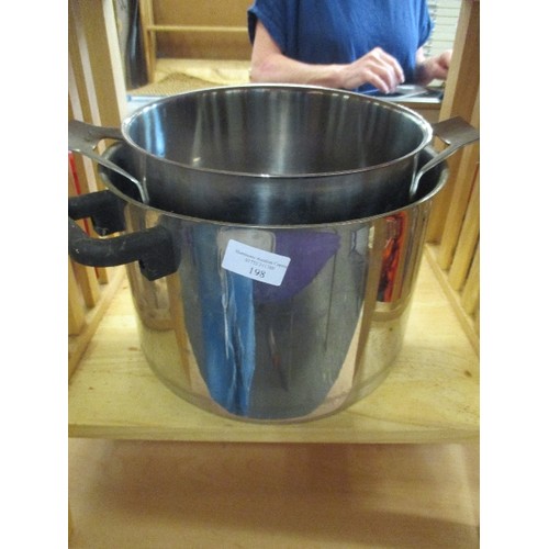 198 - 2 STAINLESS STEEL IKEA SAUCEPANS. BOTH TWIN HANDLED.