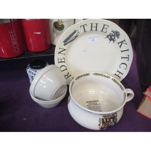 188 - NICE KITCHENALIA LOT. INCLUDES CANNISTERS, LARGE PLATE, SMALL PUDDING BASINS AND A DECORATED CHAMBER... 