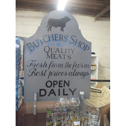 191 - LARGE SIGN WRITTEN BUTCHERS SIGN. HAND-PAINTED. FREE-STANDING.