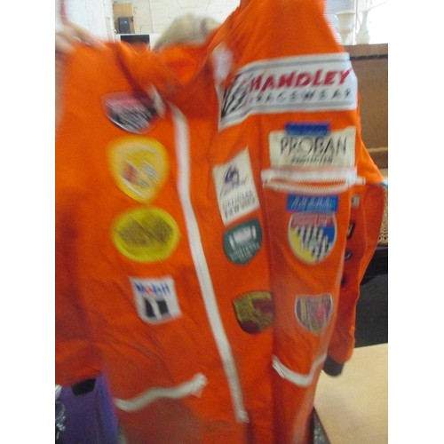 199 - BRITISH MOTOR RACING CLUB, FLAME RETARDANT FLAG MARSHALL SUIT. COMPLETE WITH MANY CLOTH BADGES.