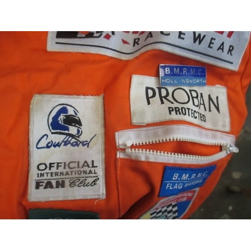 199 - BRITISH MOTOR RACING CLUB, FLAME RETARDANT FLAG MARSHALL SUIT. COMPLETE WITH MANY CLOTH BADGES.