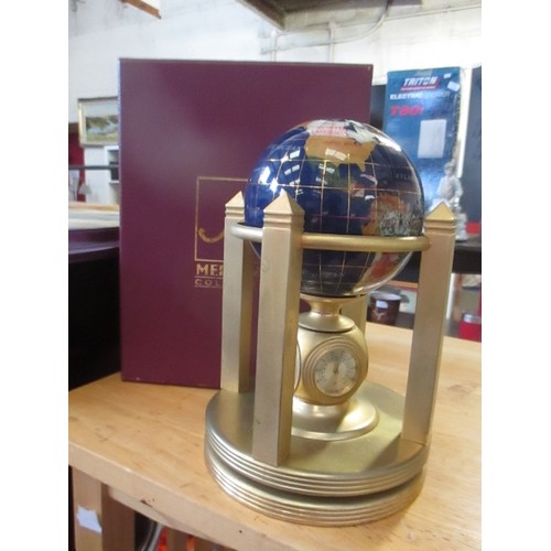 204 - LOVELY GLOBE CLOCK/BAROMETER. 'MERIDIAN COLLECTION. WITH BOX. GLOBE TURNS, AS DOES THE WHOLE BASE. L... 