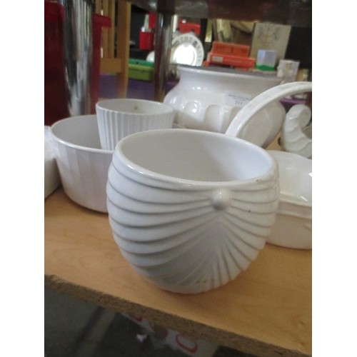 211 - WHITE CERAMICS. INCLUDES PLANTERS, VASES, BASKET.