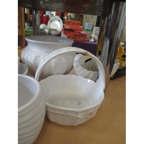 211 - WHITE CERAMICS. INCLUDES PLANTERS, VASES, BASKET.