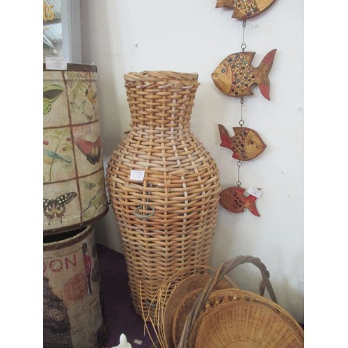 99 - TALL WICKER BASKET/CARRIER WITH METAL RINGS TO CARRY/HANG? 70CM H. ALSO A COLLECTION OF OTHER BASKET... 