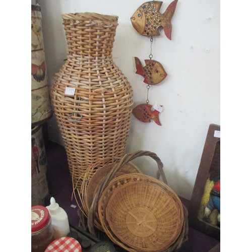 99 - TALL WICKER BASKET/CARRIER WITH METAL RINGS TO CARRY/HANG? 70CM H. ALSO A COLLECTION OF OTHER BASKET... 