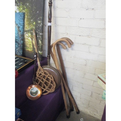 144A - VINTAGE LOT INCLUDES CARPET BEATER, COPPER WARMING PAN AND WALKING STICKS.