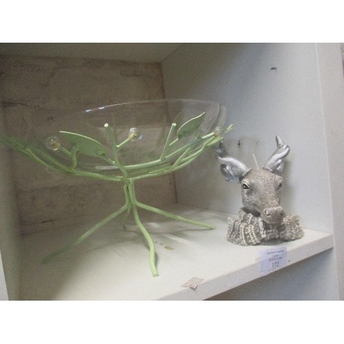 172 - LOVELY DECORATIVE BOWL IN GLASS AND GREEN METAL. ALSO A STAGS HEAD CHRISTMAS CANDLE