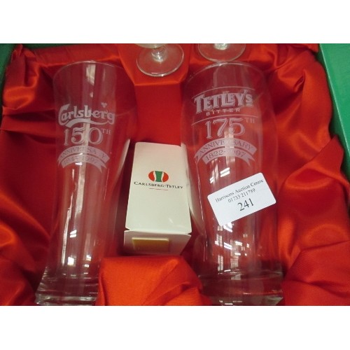 241 - TETLEYS BITTER COMMEMORATIVE GLASSES IN PRESENTATION BOX, ALSO 2 TINY BENEDICTINE GLASSES, 2 WHISKEY... 