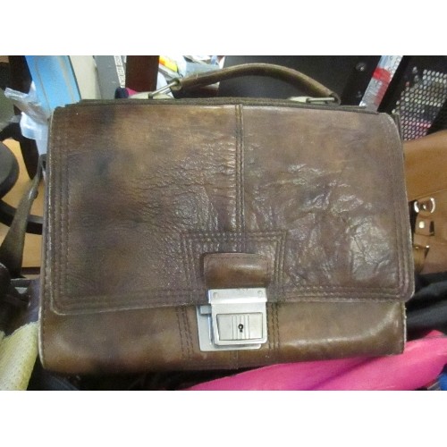 255 - COLLECTION OF VINTAGE LEATHER HAND BAGS, INCLUDES ONE FEATURING HELSINKI CITY MAP. ALSO QUANTITY OF ... 