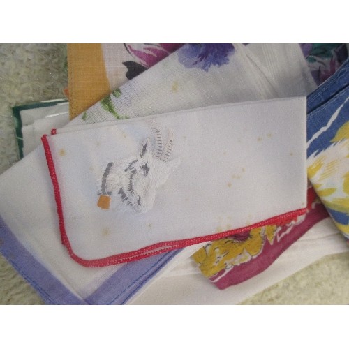 346 - CREAM COLOURED THROW / BLANKET, BATH MAT AND VINTAGE HANDKERCHIEFS INCLUDING EMBROIDERED ONES