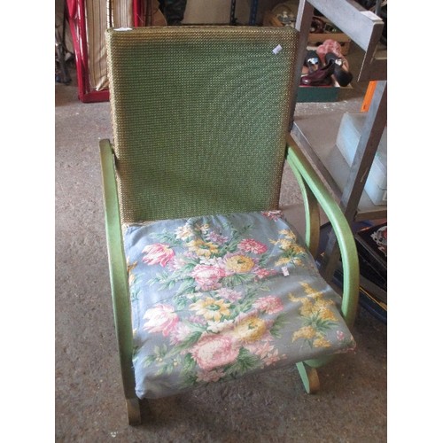 349 - ART DECO STYLE ARMCHAIR IN ORIGINAL GREEN AND GOLD WITH SPRUNG SEAT