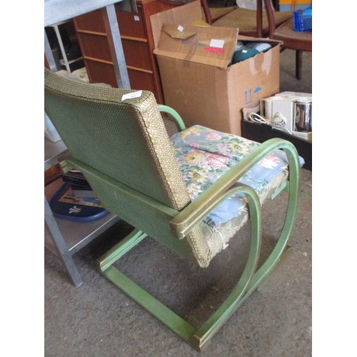 349 - ART DECO STYLE ARMCHAIR IN ORIGINAL GREEN AND GOLD WITH SPRUNG SEAT