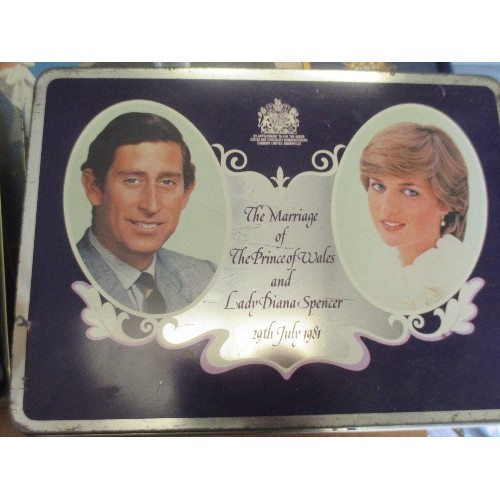 353 - CHARLES AND DIANA WEDDING TRAY AND TWO ROYAL COMMEMORATIVE MILK TRAY TINS