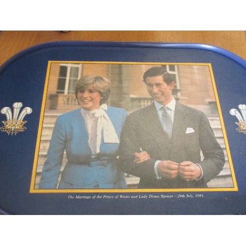 353 - CHARLES AND DIANA WEDDING TRAY AND TWO ROYAL COMMEMORATIVE MILK TRAY TINS