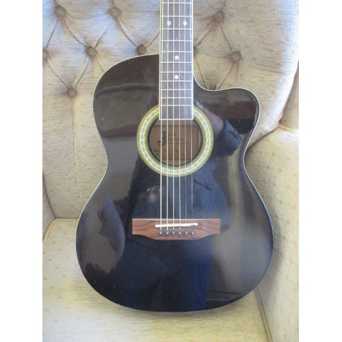 448 - A JACK STRINGS ACOUSTIC GUITAR - GOOD CONDITION WITH 6 STRINGS - BLACK LACQUERED FINISH