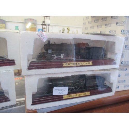 420 - FOUR ATLAS EDITIONS MODEL LOCOMOTIVES WITH LEAFLETS INCLUDES MUCCA 500 CLASS, BATTLE OF BRITAIN CLAS... 