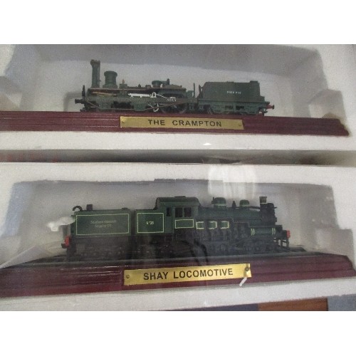 416 - FOUR ATLAS EDITIONS MODEL LOCOMOTIVES WITH LEAFLETS INCLUDES THE CRAMPTON, SHAY LOCOMOTIVE, PLM BIG ... 