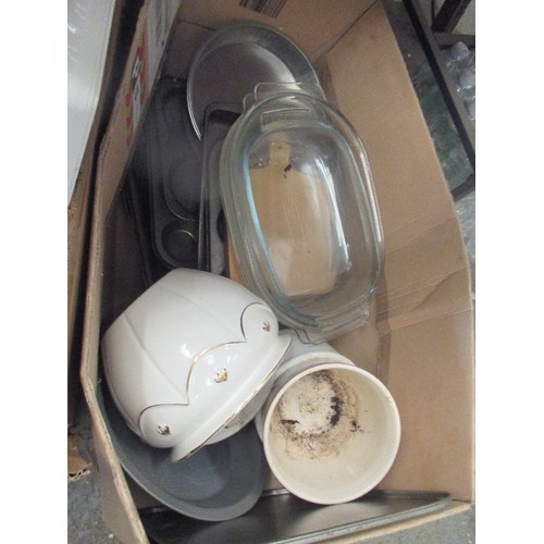 387 - 2 BOXES OF MIXED KITCHENWARE, VINTAGE TRAY, PLANT POTS ETC