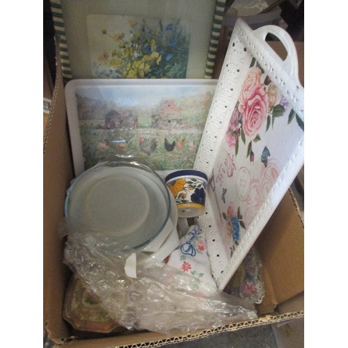 387 - 2 BOXES OF MIXED KITCHENWARE, VINTAGE TRAY, PLANT POTS ETC