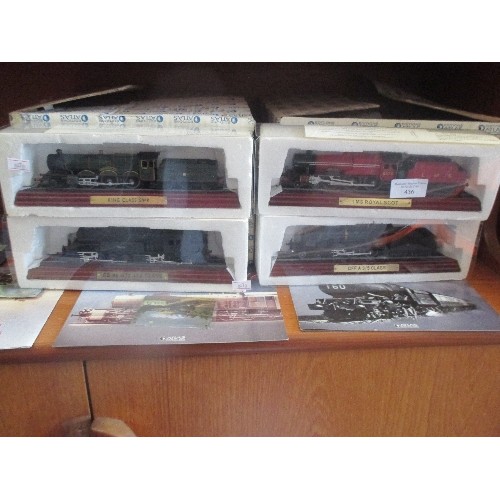 436 - FOUR ATLAS EDITIONS MODEL LOCOMOTIVES WITH LEAFLETS INCLUDES THE ROYAL SCOT, A 3/5 CFF, SERIES 96 GT... 