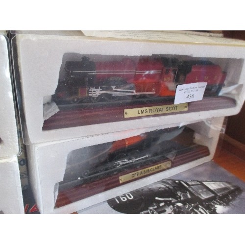 436 - FOUR ATLAS EDITIONS MODEL LOCOMOTIVES WITH LEAFLETS INCLUDES THE ROYAL SCOT, A 3/5 CFF, SERIES 96 GT... 