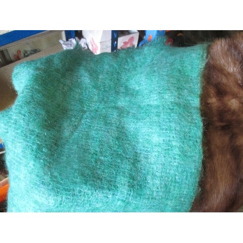 473 - M&S MOHAIR AND WOOL SCARF - PALE GREEN, MADE IN SCOTLAND AND A REAL FUR STOLE