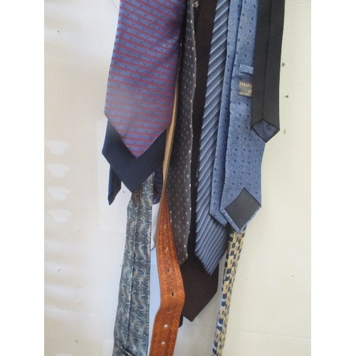 482 - TIE HANGER WITH QUANTITY OF TIES - SOME IN SILK - ALSO A LEATHER BELT