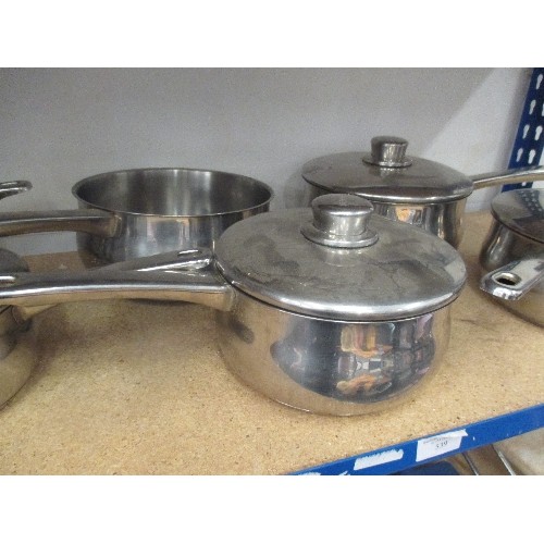 496 - SET OF 7 X STAINLESS STEEL SAUCEPANS BY STELLAR - ONE WITHOUT A LID