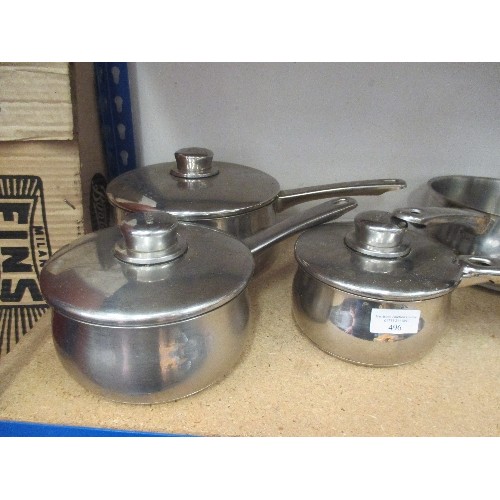 496 - SET OF 7 X STAINLESS STEEL SAUCEPANS BY STELLAR - ONE WITHOUT A LID