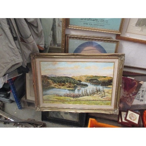 514 - LARGE QUANTITY OF PICTURES AND PRINTS INCLUDING AN OIL PAINTING OF A MOUNTAIN LANDSCAPE WITH LAKE, 3... 