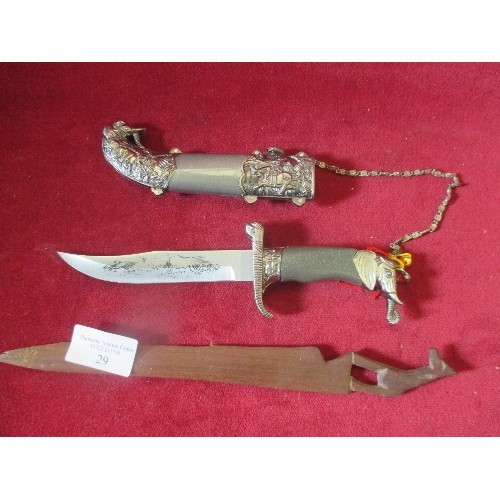 29 - DECORATIVE INDIAN DAGGER WITH ELEPHANT DESIGN POMMEL AND SHEATH - (22CM IN THE SHEATH) TOGETHER WITH... 