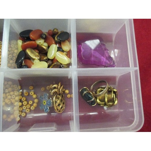 37 - PLASTIC BOX FULL OF BEADS ETC FOR JEWELLERY MAKING, ALSO SOME VINTAGE COSTUME JEWELLERY, BELLS ETC