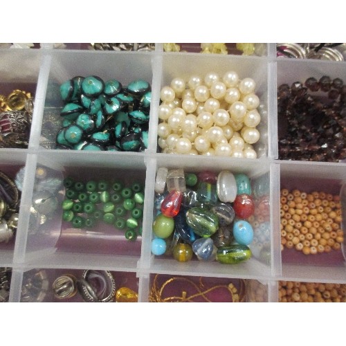 37 - PLASTIC BOX FULL OF BEADS ETC FOR JEWELLERY MAKING, ALSO SOME VINTAGE COSTUME JEWELLERY, BELLS ETC