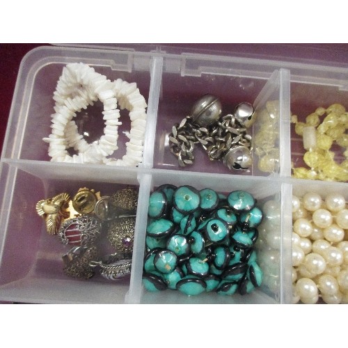 37 - PLASTIC BOX FULL OF BEADS ETC FOR JEWELLERY MAKING, ALSO SOME VINTAGE COSTUME JEWELLERY, BELLS ETC