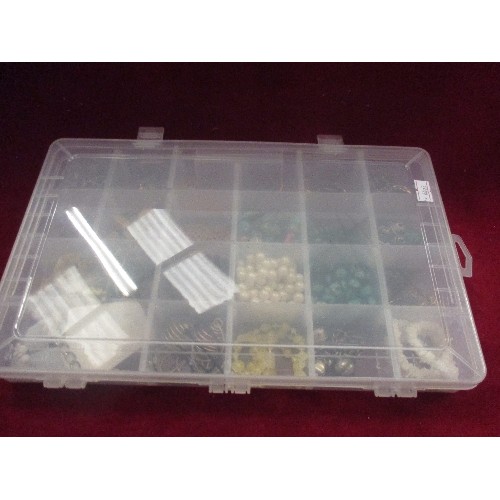 37 - PLASTIC BOX FULL OF BEADS ETC FOR JEWELLERY MAKING, ALSO SOME VINTAGE COSTUME JEWELLERY, BELLS ETC